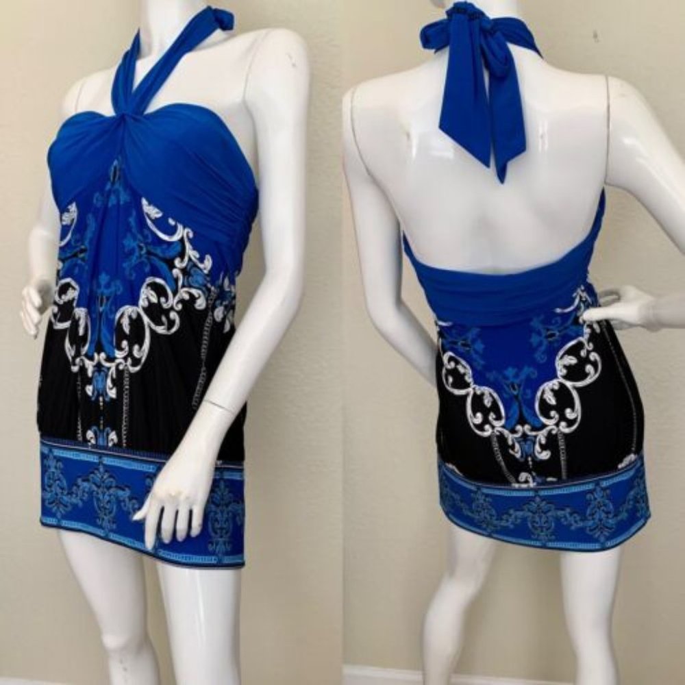 Cache Blue Printed Jersey Knit Gathered Halter Dress Baroque Banded Medium M